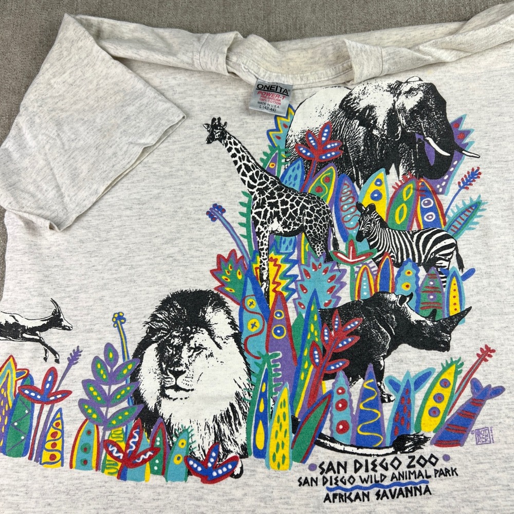 Vintage San Diego Zoo T-Shirt Mens L Grey 90s African Savanna Colorful Graphic‎